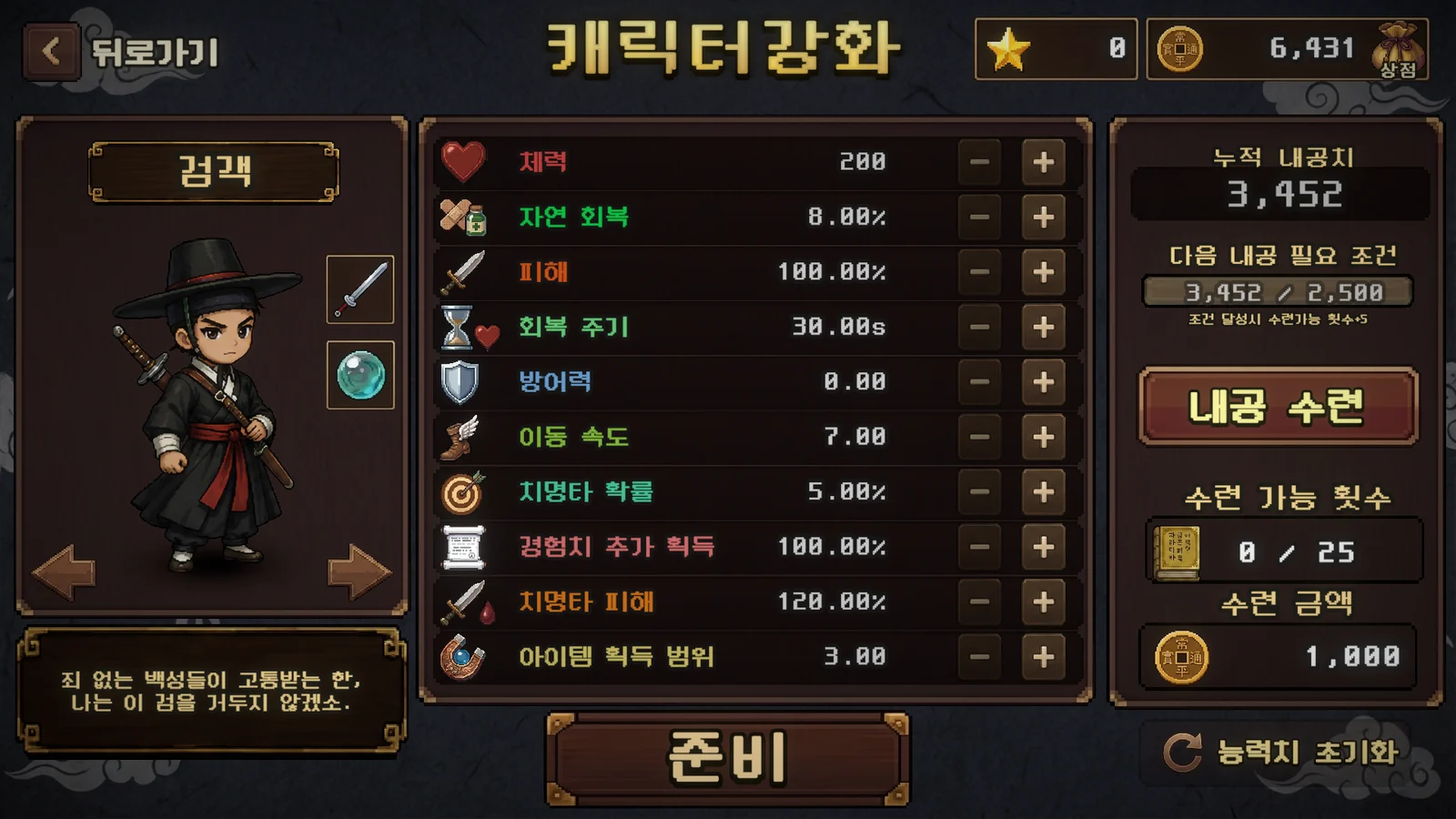 캐릭터 강화 화면